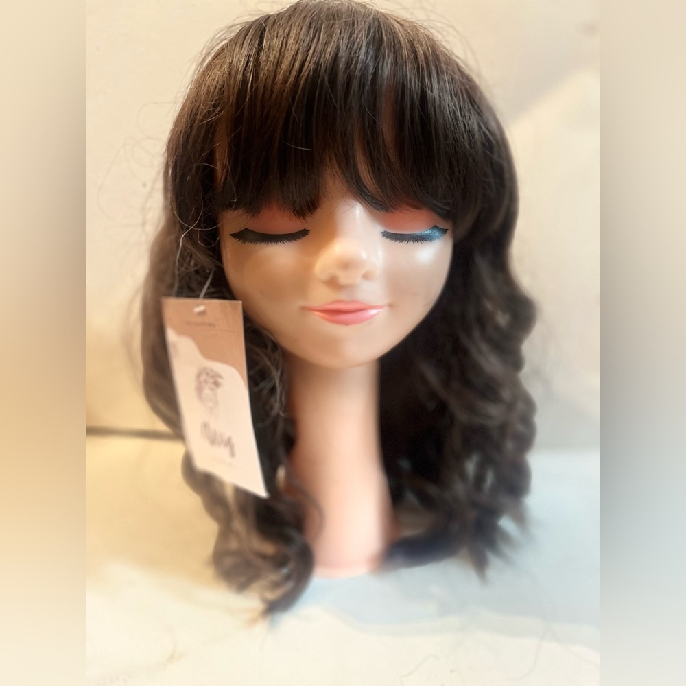 Natural Dark Brown Wavy Wig with Bangs - Women Hair Wigs & Extensions